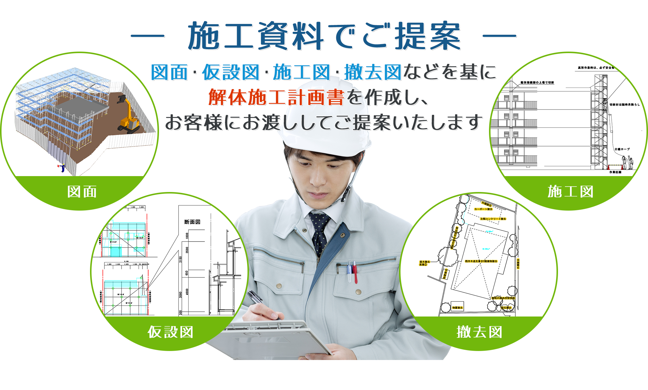 施工資料でご提案!図面・仮設図・施工図・撤去図・解体施工計画書など